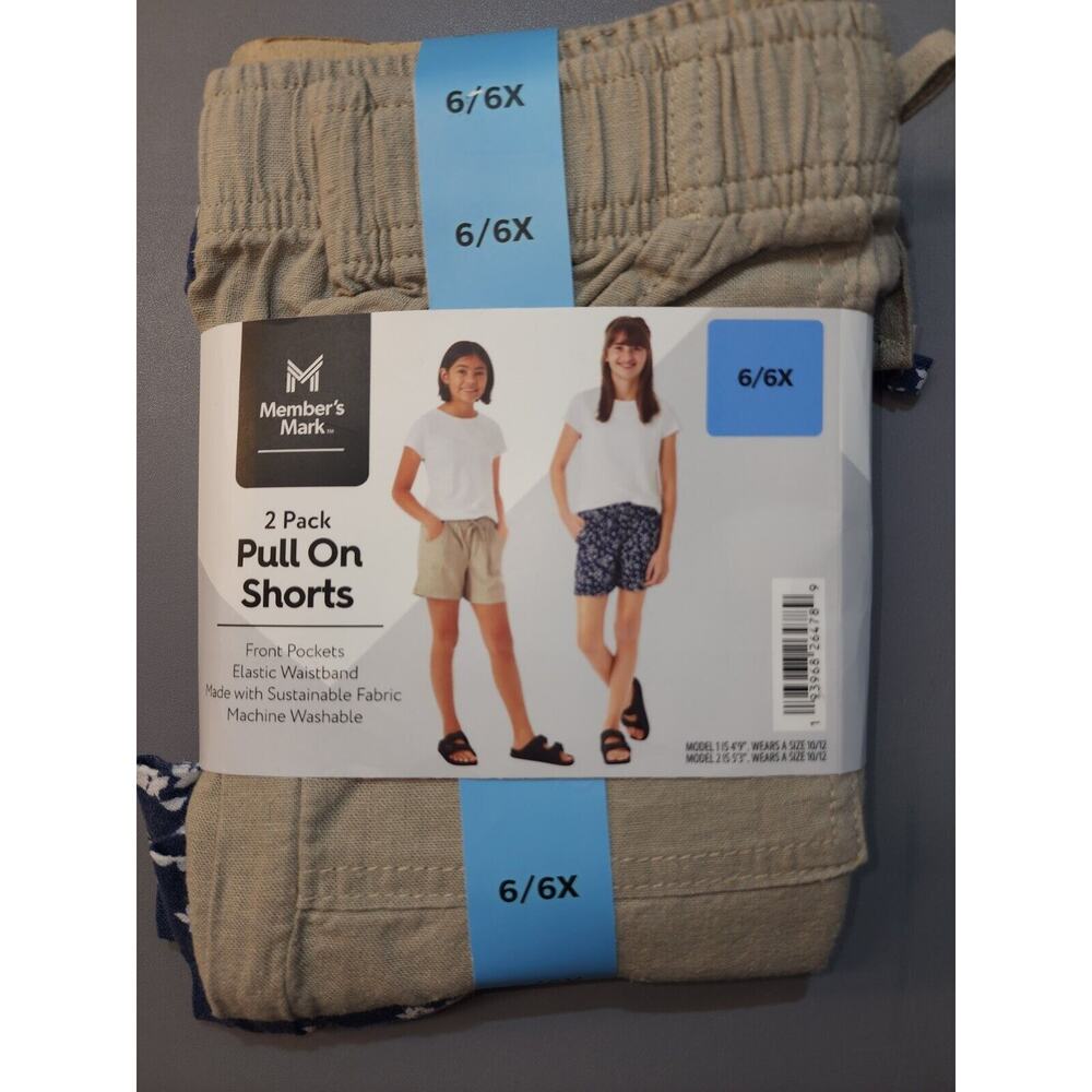 NWT Member's Mark Girl's 2-Pack Linen Tan Blue Floral Shorts 6/6X School Casual